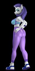 Size: 2000x4000 | Tagged: safe, artist:argos90, derpibooru import, rarity, anthro, plantigrade anthro, 3d, black background, breasts, butt, clothes, hands on hip, looking at you, raritits, rearity, shorts, simple background, sports bra, sports shorts