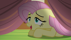 Size: 1920x1080 | Tagged: safe, derpibooru import, screencap, fluttershy, pegasus, pony, scare master, female, lidded eyes, mare, on floor, open mouth, smiling, solo, under the bed