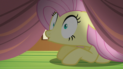 Size: 1920x1080 | Tagged: safe, derpibooru import, screencap, fluttershy, pegasus, pony, scare master, female, mare, on floor, solo, under the bed, wide eyes