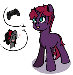 Size: 888x916 | Tagged: safe, artist:lazerblues, derpibooru import, oc, oc only, oc:bella, oc:strawberry soda, earth pony, pony, unicorn, blush sticker, blushing, controller, joystick, offspring, parent:oc:miss eri, parent:tempest shadow, ponified, simple background, white background