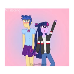 Size: 2000x2000 | Tagged: safe, artist:egtwiflash, derpibooru import, edit, flash sentry, twilight sparkle, twilight sparkle (alicorn), alicorn, equestria girls, blushing, clothes, clothes swap, couple, crossdressing, embarrassed, fanfic art, female, flashlight, happy, love, male, outfit, ponytail, shipping, straight