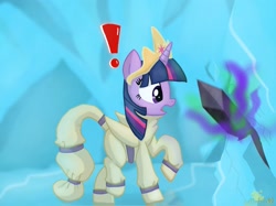 Size: 2732x2048 | Tagged: safe, artist:lordshrekzilla20, derpibooru import, twilight sparkle, twilight sparkle (alicorn), alicorn, pony, fanfic:the one true king, crystal, dark crystal, dark magic, exclamation point, fanfic art, female, hazmat suit, magic, mare, story included