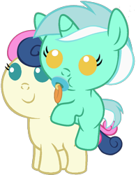 Size: 720x923 | Tagged: safe, artist:red4567, derpibooru import, edit, bon bon, lyra heartstrings, sweetie drops, earth pony, pony, unicorn, baby, baby pony, background removed, binky, duo, duo female, female, lyra riding bon bon, ponies riding ponies, riding, show accurate, simple background, transparent background, vector