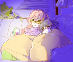 Size: 1721x1458 | Tagged: safe, artist:5mmumm5, derpibooru import, sci-twi, sunset shimmer, twilight sparkle, human, blanket, cuddling, cute, female, glasses, houseplant, lesbian, scitwishimmer, shipping, sofa, sunsetsparkle