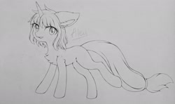 Size: 2156x1279 | Tagged: safe, artist:aleuoliver, derpibooru import, oc, oc only, pony, unicorn, chest fluff, female, horn, lineart, mare, monochrome, smiling, solo, traditional art, unicorn oc