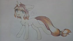 Size: 2275x1279 | Tagged: safe, alternate version, artist:aleuoliver, derpibooru import, oc, oc only, pony, unicorn, chest fluff, colored, female, horn, mare, smiling, solo, traditional art, unicorn oc