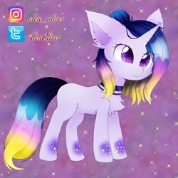 Size: 2000x2000 | Tagged: safe, artist:aleuoliver, derpibooru import, oc, oc only, pony, unicorn, abstract background, chest fluff, choker, ear piercing, female, horn, mare, piercing, smiling, solo, unicorn oc