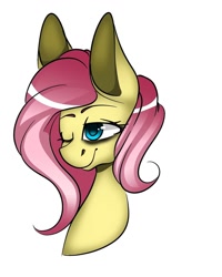 Size: 1080x1350 | Tagged: safe, artist:tessa_key_, derpibooru import, fluttershy, pegasus, pony, bags under eyes, bust, female, mare, one eye closed, simple background, smiling, solo, white background, wink