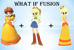 Size: 1280x868 | Tagged: safe, artist:daniotheman, artist:selenaede, artist:sugar-loop, derpibooru import, applejack, human, equestria girls, barely eqg related, base used, clothes, crossover, crown, dress, ear piercing, earring, female, fusion, gloves, gown, hands on hip, jewelry, nintendo, piercing, princess applejack, princess daisy, princess dress, regalia, super mario bros., yellow dress