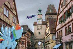 Size: 600x400 | Tagged: safe, derpibooru import, edit, mare do well, rainbow dash, pegasus, pony, chase, germany, irl, leaping, photo, ponies in real life, rothenburg ob der tauber, vector, vector edit, village