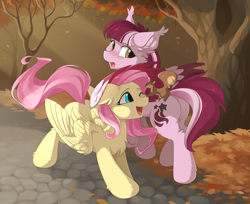 Size: 2700x2200 | Tagged: safe, artist:dreamweaverpony, derpibooru import, fluttershy, oc, oc:dusty ember, pegasus, pony, squirrel, autumn, blushing, chest fluff, cute, duo, ear fluff, ear tufts, ears, female, forest, mare, open mouth, outdoors, park, scenery, shyabetes, smiling