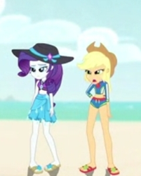 Size: 240x299 | Tagged: safe, derpibooru import, screencap, applejack, rarity, aww... baby turtles, better together, equestria girls, applejack's beach shorts swimsuit, applejack's hat, beach, belly button, bored, clothes, cowboy hat, cropped, duo, female, hand on hip, hat, legs, picture for breezies, sandals, sarong, standing, sun hat, swimsuit