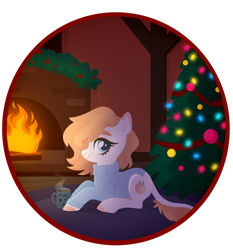 Size: 1024x1100 | Tagged: safe, artist:kabuvee, derpibooru import, oc, earth pony, pony, christmas, christmas tree, female, fireplace, holiday, lying down, mare, prone, solo, tree