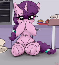 Size: 3800x4200 | Tagged: safe, artist:littlenaughtypony, derpibooru import, sugar belle, unicorn, bakery, blushing, chest fluff, cute, fetish, food, frog (hoof), hoof fetish, looking at you, muffin, oven, smiling, sugarbetes, underhoof