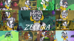 Size: 1968x1109 | Tagged: safe, derpibooru import, edit, edited screencap, editor:quoterific, screencap, gabby, zecora, griffon, parasprite, spider, zebra, a health of information, bridle gossip, filli vanilli, it isn't the mane thing about you, luna eclipsed, magic duel, princess twilight sparkle (episode), she talks to angel, swarm of the century, the cutie pox, the cutie re-mark, the fault in our cutie marks, what about discord?, angry, bipedal, duo, duo female, female, gritted teeth, mouth hold, open door, open mouth, poison joke, solo, swamp fever, teeth, walking, zecora's hut