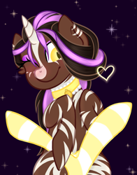 Size: 1787x2274 | Tagged: safe, artist:honeybeemlp, derpibooru import, oc, oc only, oc:moonlight howl, hybrid, werewolf, zebra, zebracorn, zony, choker, clothes, commission, eyeshadow, female, heart, makeup, one eye closed, sitting, socks, solo, striped socks, wink, ych result