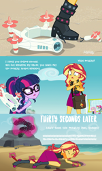 Size: 720x1199 | Tagged: safe, artist:electrahybrida, derpibooru exclusive, derpibooru import, edit, edited screencap, screencap, sci-twi, sunset shimmer, twilight sparkle, comic:breaking twi's drone, better together, equestria girls, forgotten friendship, abuse, angry, beach, broken, clothes, cute, drone, duo, duo female, female, geode of empathy, geode of telekinesis, laughing, lesbian, magic, magic aura, magical geodes, missing shoes, punishment, scitwishimmer, shimmerbetes, shipping, socks, stocking feet, stomping, sunsetsparkle, swimsuit, tickling