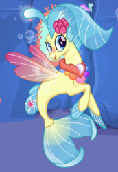 Size: 278x403 | Tagged: safe, artist:unicornsmile, derpibooru import, princess skystar, seapony (g4), my little pony: the movie, bioluminescent, blue eyes, bubble, clothes, coral, dorsal fin, female, fin wings, fins, fish tail, flower, flower in hair, flowing mane, flowing tail, freckles, game, jewelry, looking at you, mirror, necklace, pearl necklace, seaquestria, see-through, smiling, solo, tail, underwater, water, wings, wrong cutie mark