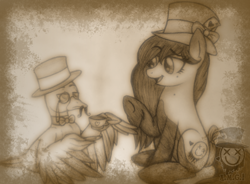 Size: 1600x1178 | Tagged: safe, artist:amgiwolf, derpibooru import, oc, oc only, oc:amgi, bird, duck, earth pony, pony, duo, earth pony oc, female, hat, mare, monocle, raised hoof, raised leg, sitting, top hat, underhoof