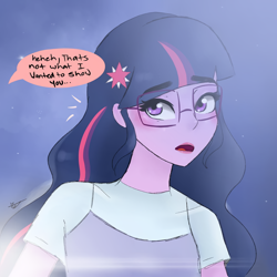 Size: 1080x1080 | Tagged: safe, artist:_denart, derpibooru import, equestria girls, bust, clothes, comic, female, glasses, implied shipping, implied sunset shimmer, night, open mouth, outdoors, signature, talking