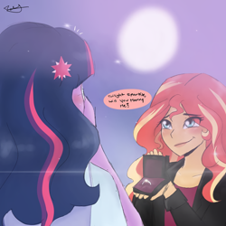 Size: 1080x1080 | Tagged: safe, artist:_denart, derpibooru import, sci-twi, sunset shimmer, twilight sparkle, equestria girls, clothes, comic, engagement ring, eye clipping through hair, female, full moon, jewelry, lesbian, moon, night, outdoors, ring, scitwishimmer, shipping, signature, smiling, stars, sunsetsparkle, talking