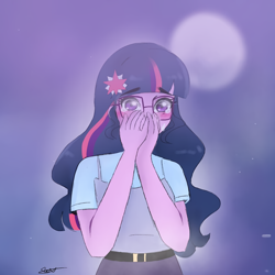 Size: 1080x1080 | Tagged: safe, artist:_denart, derpibooru import, equestria girls, blushing, bust, clothes, comic, female, full moon, glasses, implied shipping, implied sunset shimmer, moon, night, outdoors, signature, stars, surprised