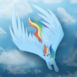 Size: 2048x2048 | Tagged: safe, artist:lunathemoongod, derpibooru import, rainbow dash, pegasus, pony, cloud, flying, sky, solo