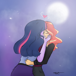 Size: 1080x1080 | Tagged: safe, artist:_denart, derpibooru import, sci-twi, sunset shimmer, twilight sparkle, equestria girls, clothes, comic, eyes closed, female, full moon, kissing, lesbian, moon, night, outdoors, scitwishimmer, shipping, signature, stars, sunsetsparkle