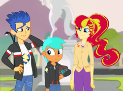 Size: 621x462 | Tagged: safe, artist:sweetpeasnuzzle, derpibooru import, flash sentry, sunset shimmer, oc, equestria girls, cropped, family, father and child, father and son, female, flashimmer, male, mother and child, mother and son, offspring, parent and child, parent:flash sentry, parent:sunset shimmer, parents:flashimmer, shipping, straight