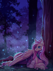 Size: 1024x1366 | Tagged: safe, artist:kaykatt-art, derpibooru import, fluttershy, pegasus, pony, rabbit, animal, cute, ear fluff, ears, female, forest, high res, lying down, mare, night, outdoors, prone, shyabetes, solo, tree, wing shelter, wing umbrella, wings