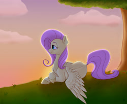 Size: 3300x2700 | Tagged: safe, artist:s.l.guinefort, derpibooru import, fluttershy, pegasus, pony, crossed hooves, cute, dock, female, grass, high res, looking away, lying down, mare, outdoors, prone, shyabetes, solo, spread wings, sunset, tree, under the tree, wings