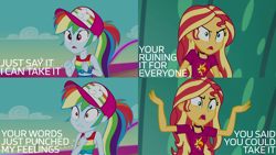 Size: 1986x1117 | Tagged: safe, derpibooru import, edit, edited screencap, editor:quoterific, screencap, rainbow dash, sunset shimmer, human, better together, equestria girls, spring breakdown, angry, argument, betrayal, betrayed, blame shifting, dashabuse, female, hat, hypocrisy, liar, open mouth, solo, sunjerk shimmer, teeth, tempting fate