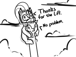 Size: 1171x872 | Tagged: safe, artist:neuro, silver sable, oc, earth pony, pony, unicorn, armor, black and white, cloud, dialogue, duo, female, grayscale, guardsmare, helmet, horn, long neck, mare, monochrome, riding on head, royal guard, simple background, white background
