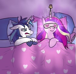 Size: 923x906 | Tagged: safe, artist:jargon scott, part of a set, princess cadance, shining armor, alicorn, pony, unicorn, bags under eyes, bed, bedroom, bedsheets, cork, duo, ears, female, floppy ears, glowing eyes, heart, horn, horn cap, horn guard, lidded eyes, male, mare, open mouth, overhead view, pillow, princess of love, shiningcadance, sleep mask, sleeping, sleepy, smiling, stallion