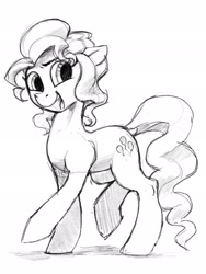 Size: 1536x2048 | Tagged: safe, artist:dimfann, derpibooru import, oc, oc only, earth pony, pony, female, looking at you, mare, monochrome, not pinkie pie, open mouth, raised hoof, raised leg, sketch, smiling, solo, three quarter view