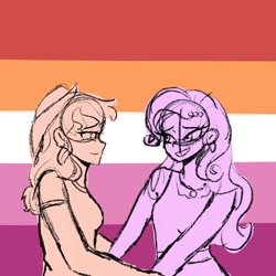 Size: 1080x1080 | Tagged: safe, artist:_denart, derpibooru import, applejack, rarity, equestria girls, clothes, female, hat, holding hands, lesbian, pride flag, rarijack, shipping, smiling