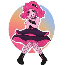 Size: 1080x1080 | Tagged: safe, artist:_denart, derpibooru import, pinkie pie, equestria girls, abstract background, boots, choker, clothes, dress, ear piercing, female, fishnet stockings, goth, grin, hairband, lipstick, piercing, shoes, signature, smiling, spiked wristband, wristband