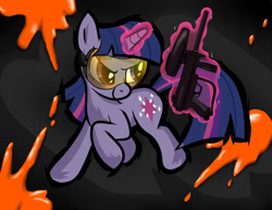 Size: 1280x990 | Tagged: safe, artist:stancet, derpibooru import, twilight sparkle, unicorn twilight, pony, unicorn, female, glowing horn, horn, levitation, magic, mare, paintball, paintball gun, safety goggles, solo, telekinesis