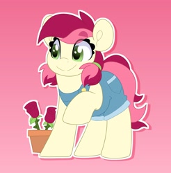 Size: 2019x2048 | Tagged: safe, alternate version, artist:partylikeanartist, derpibooru import, roseluck, earth pony, pony, alternate design, alternate hairstyle, clothes, eye clipping through hair, eyebrows, eyebrows visible through hair, flower, flower pot, looking away, overalls, pigtails, pocket, pockets, ponytail, pot, rose, simple background, smiling, solo, twintails