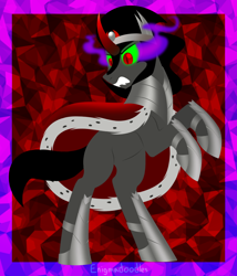 Size: 900x1050 | Tagged: safe, artist:enigmadoodles, derpibooru import, king sombra, pony, unicorn, abstract background, dark magic, magic, male, rearing, solo, stallion