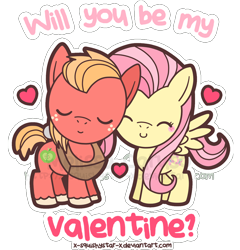 Size: 800x832 | Tagged: safe, artist:x-squishystar-x, derpibooru import, edit, big macintosh, fluttershy, pegasus, pony, blushing, chibi, cute, eyes closed, female, floating heart, fluttermac, heart, holiday, macabetes, male, shipping, shyabetes, straight, text, valentine, valentine's day, watermark