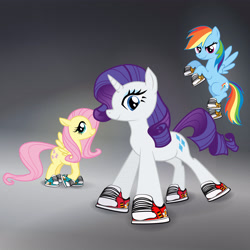 Size: 3300x3300 | Tagged: safe, artist:mandumustbasukanemen, derpibooru import, fluttershy, rainbow dash, rarity, pegasus, pony, unicorn, abstract background, clothes, drip, group, meme, shoes