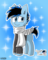 Size: 794x981 | Tagged: safe, artist:snuggleb4cuddle, derpibooru import, oc, oc only, oc:snuggle sparkle, pegasus, pony, bandage, clothes, gradient background, male, pegasus oc, scarf, solo, sweater, white outline