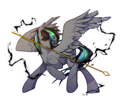 Size: 2070x1800 | Tagged: safe, artist:mrcrow, derpibooru import, oc, oc:eclipse khan, oc:黯, alicorn, pony, alicorn oc, broken horn, broken wings, dark magic, doppelganger, horn, lightning, magic, scar, solo, staff, wings