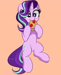 Size: 3347x4096 | Tagged: safe, artist:kittyrosie, derpibooru import, starlight glimmer, pony, unicorn, blushing, eating, food, orange background, pineapple pizza, pizza, simple background, slice of pizza, starry eyes, that pony sure does love pineapple pizza, tomato, tomato pizza, tomatoes, wingding eyes