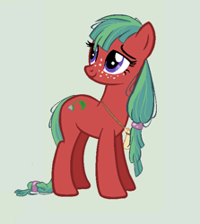 Size: 578x648 | Tagged: safe, artist:ashurikrbg, derpibooru import, oc, oc:apple seed, earth pony, pony, female, freckles, green background, mare, offspring, parent:big macintosh, parent:marble pie, parents:marblemac, simple background, solo