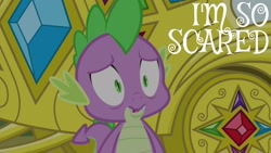 Size: 1920x1080 | Tagged: safe, derpibooru import, edit, edited screencap, editor:quoterific, screencap, spike, dragon, inspiration manifestation, male, open mouth, scared, solo