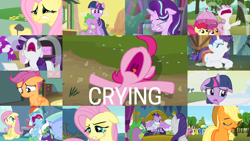 Size: 1972x1109 | Tagged: safe, derpibooru import, edit, edited screencap, editor:quoterific, screencap, apple bloom, applejack, bon bon, carrot top, cherry berry, comet tail, fluttershy, golden harvest, minuette, neon lights, pinkie pie, rainbow dash, rarity, rising star, sassaflash, scootaloo, spike, starlight glimmer, sweetie belle, sweetie drops, tank, twilight sparkle, twilight sparkle (alicorn), unicorn twilight, alicorn, dragon, earth pony, pegasus, pony, tortoise, unicorn, a bird in the hoof, a dog and pony show, flight to the finish, forever filly, hurricane fluttershy, one bad apple, over a barrel, school daze, tanks for the memories, the crystalling, too many pinkie pies, winter wrap up, applejack's hat, bow, carousel boutique, clothes, cloudsdale, cowboy hat, crying, crying on the outside, crylight sparkle, cutie mark crusaders, duo, duo female, ears, eyes closed, female, floppy ears, hat, makeup, male, mane six, marshmelodrama, mascara, mascarity, mini marshmelodrama, nose in the air, ocular gushers, open mouth, pinkie cry, rarity being rarity, running makeup, sad, sadbow dash, sadjack, scootasad, sitting, trio, trio female, twilight's castle, umbrella