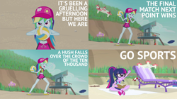 Size: 1986x1117 | Tagged: safe, derpibooru import, edit, edited screencap, editor:quoterific, screencap, rainbow dash, sci-twi, twilight sparkle, better together, equestria girls, forgotten friendship, book, cap, clothes, drone, duo, eyes closed, feet, flip-flops, go sports, hat, open mouth, sandals, sitting, sports, swimsuit, volleyball