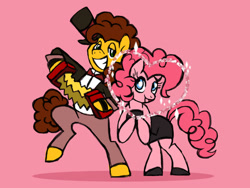 Size: 1080x810 | Tagged: safe, artist:sinjaaussiaangels, derpibooru import, cheese sandwich, pinkie pie, earth pony, pony, accordion, bipedal, cheesepie, clothes, dress, female, hat, heart, little black dress, male, musical instrument, pink background, shipping, simple background, straight, top hat